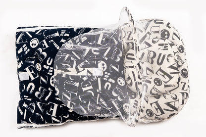 2pcs Baby Bedding Set with Mosquito Net – Black & White Alphabet Print