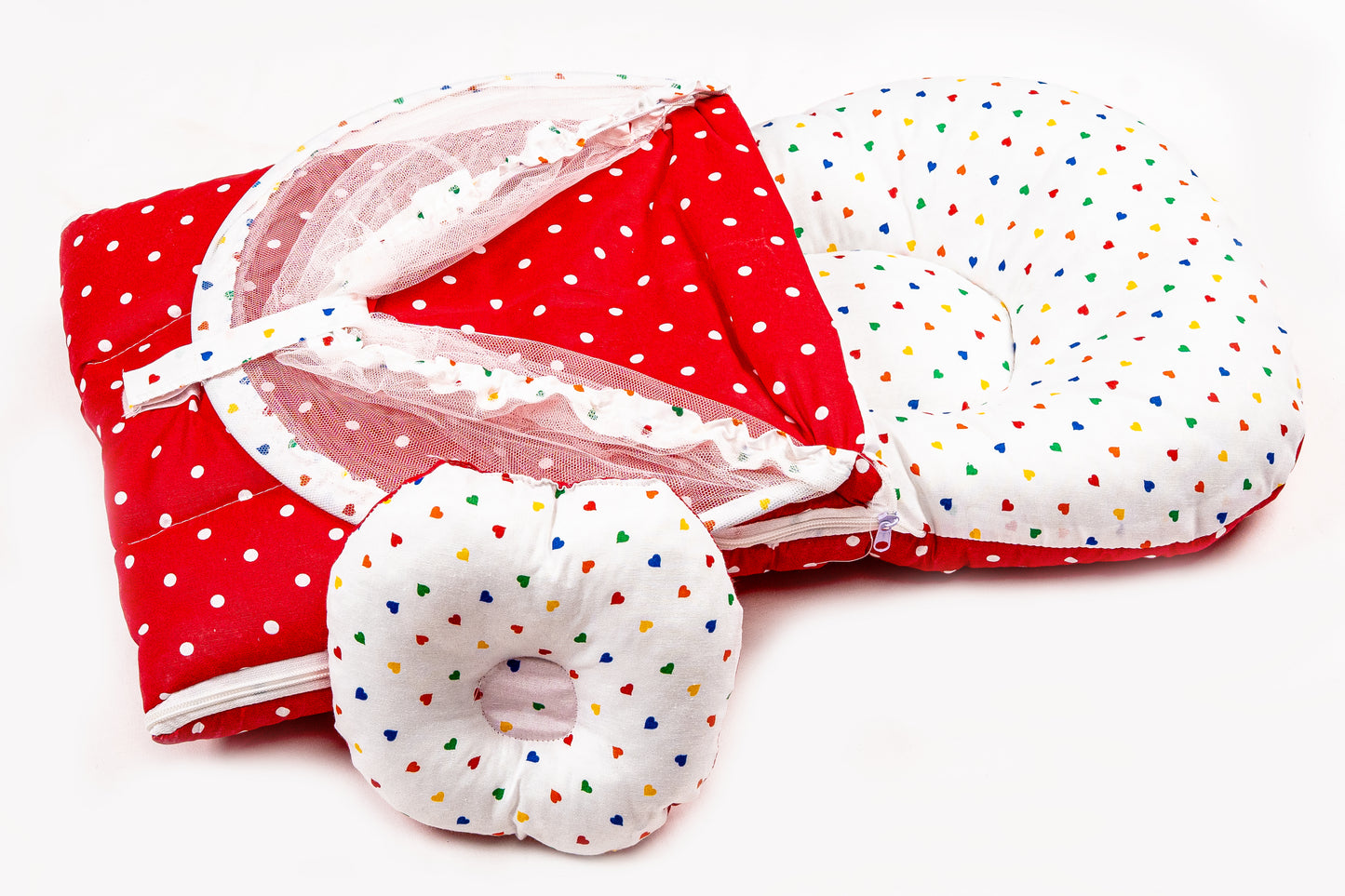 2pcs Baby Bedding Set with Mosquito Net – Red with colorful hearts