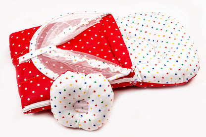 2pcs Baby Bedding Set with Mosquito Net – Red with colorful hearts