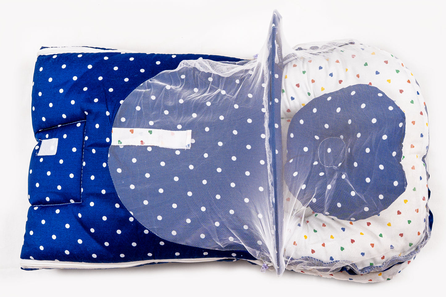 2pcs Baby Bedding Set with Mosquito Net – Navy blue with colorful hearts
