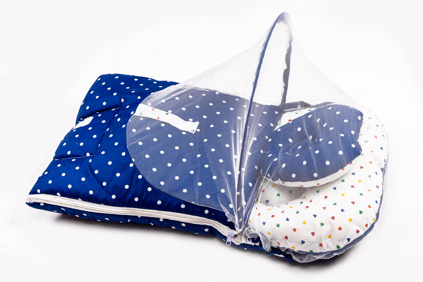 2pcs Baby Bedding Set with Mosquito Net – Navy blue with colorful hearts