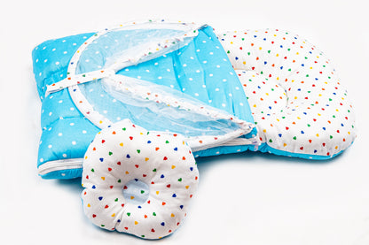 2pcs Baby Bedding Set with Mosquito Net – Light blue with colorful hearts