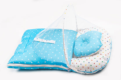 2pcs Baby Bedding Set with Mosquito Net – Light blue with colorful hearts
