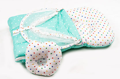 2pcs Baby Bedding Set with Mosquito Net – Pastel green with colorful hearts