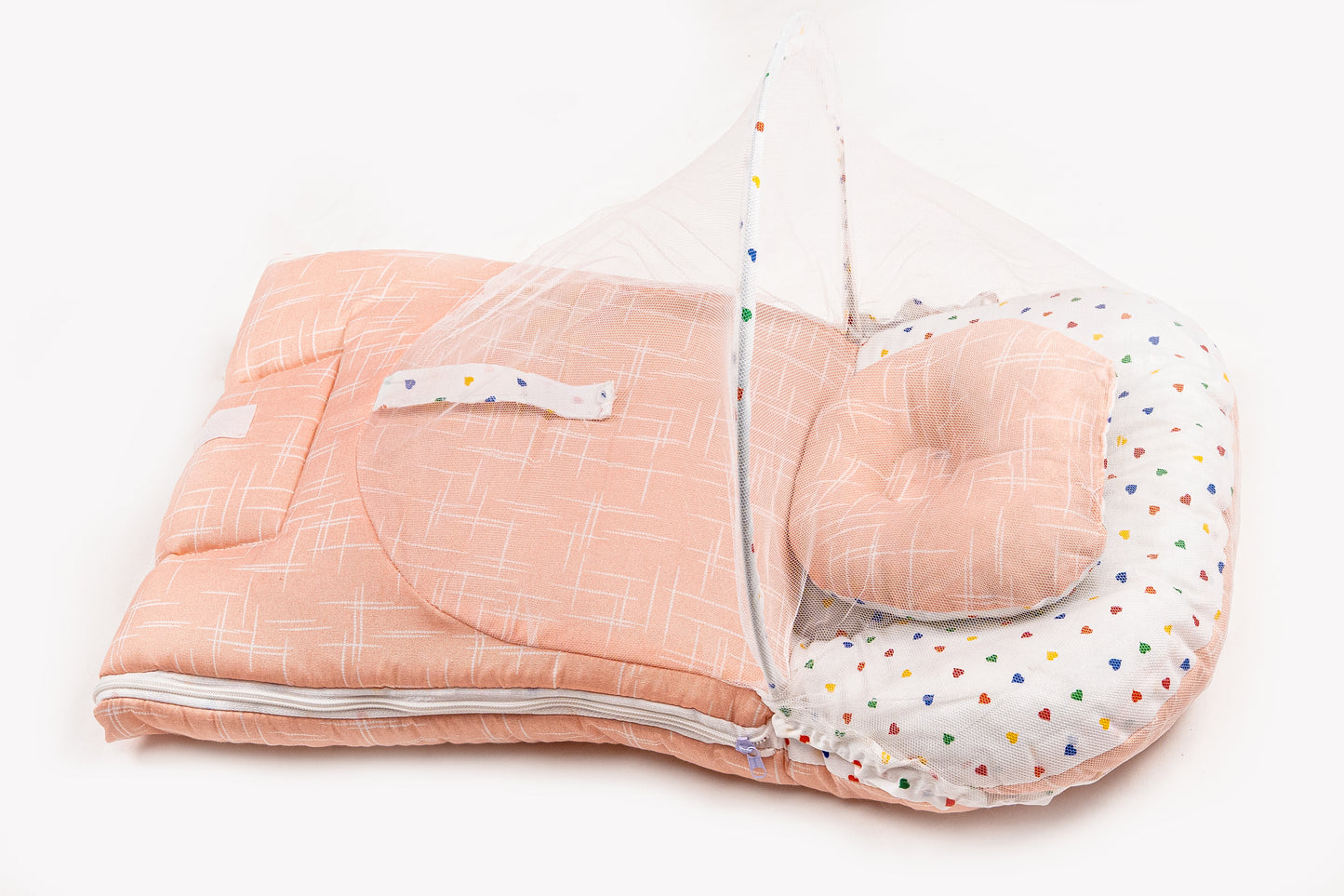 2pcs Baby Bedding Set with Mosquito Net – Peach with colorful hearts