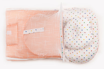 2pcs Baby Bedding Set with Mosquito Net – Peach with colorful hearts