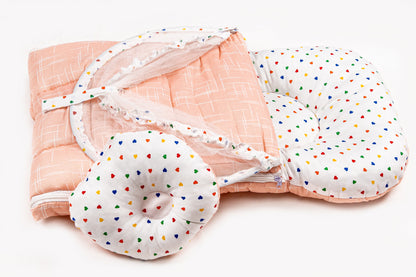 2pcs Baby Bedding Set with Mosquito Net – Peach with colorful hearts