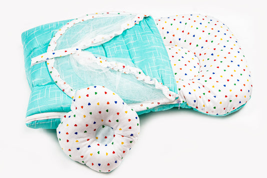 2pcs Baby Bedding Set with Mosquito Net – Light green with colorful hearts & stripes