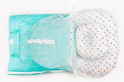 2pcs Baby Bedding Set with Mosquito Net – Light green with colorful hearts & stripes