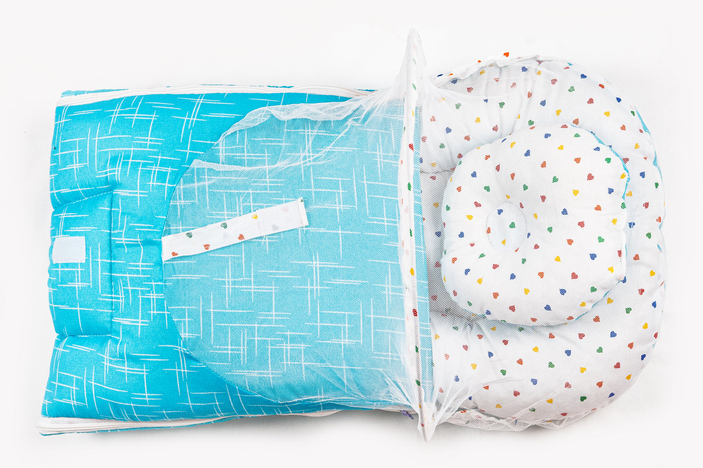 2pcs Baby Bedding Set with Mosquito Net – Bright blue with colorful hearts & stripes