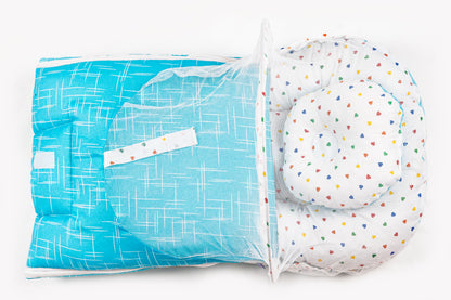 2pcs Baby Bedding Set with Mosquito Net – Bright blue with colorful hearts & stripes