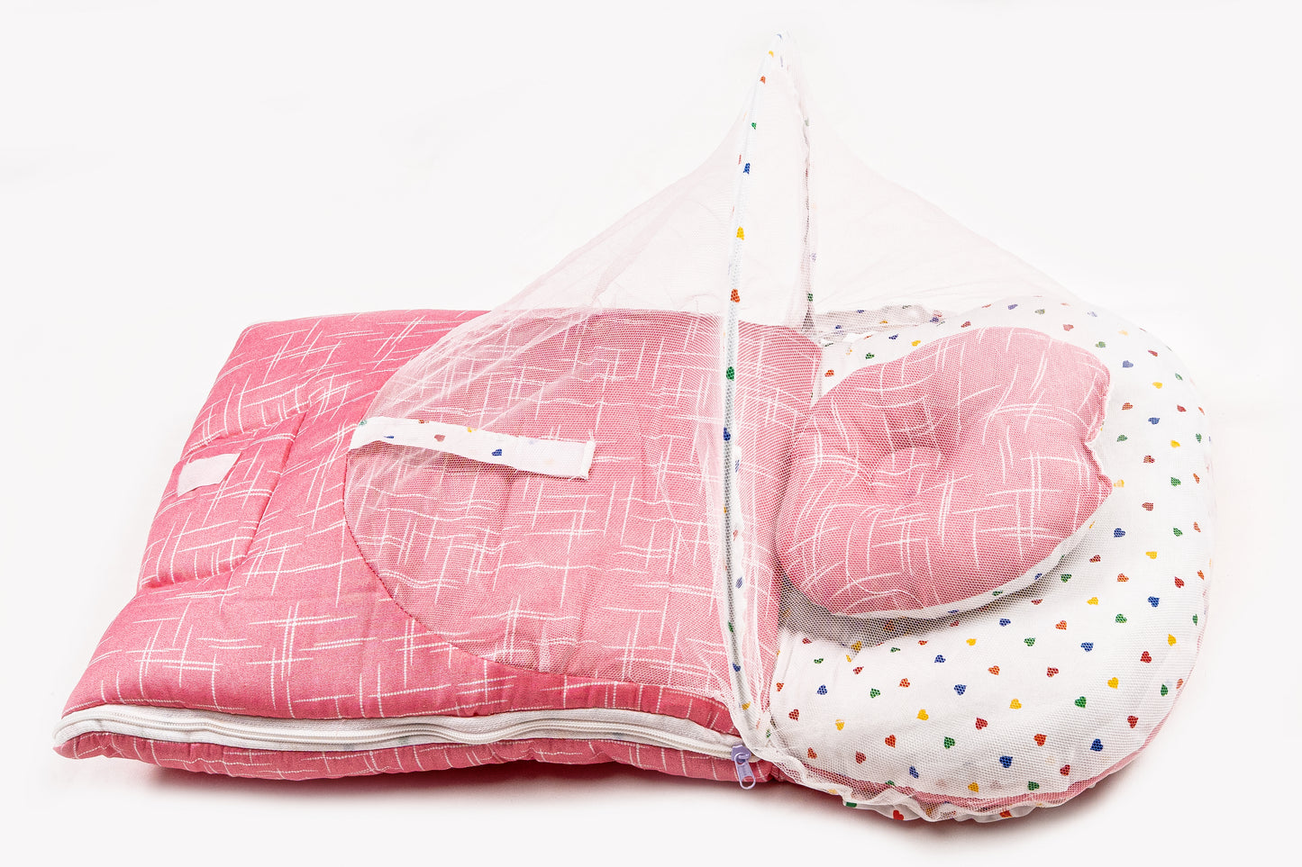 2pcs Baby Bedding Set with Mosquito Net – Pink with colorful hearts & stripes
