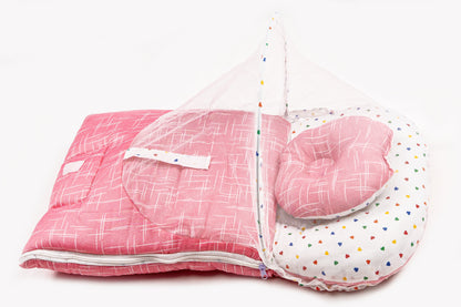 2pcs Baby Bedding Set with Mosquito Net – Pink with colorful hearts & stripes
