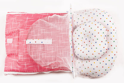 2pcs Baby Bedding Set with Mosquito Net – Pink with colorful hearts & stripes