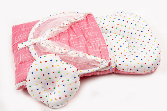 2pcs Baby Bedding Set with Mosquito Net – Pink with colorful hearts & stripes