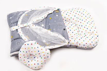 2pcs Baby Bedding Set with Mosquito Net – Gray with colorful hearts & stripes