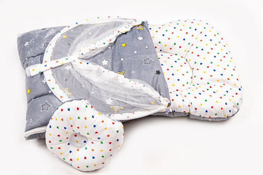 2pcs Baby Bedding Set with Mosquito Net – Gray with colorful hearts & stripes