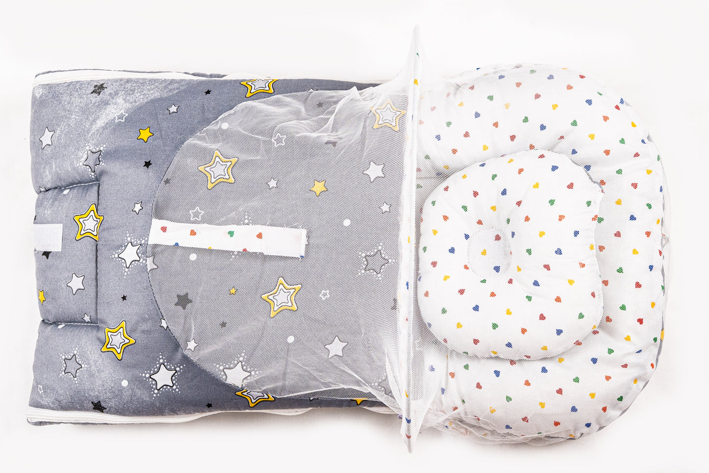2pcs Baby Bedding Set with Mosquito Net – Gray with colorful hearts & stripes