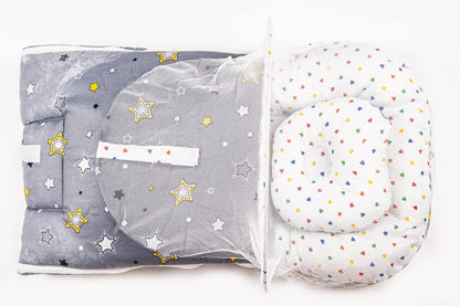 2pcs Baby Bedding Set with Mosquito Net – Gray with colorful hearts & stripes