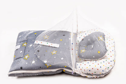 2pcs Baby Bedding Set with Mosquito Net – Gray with colorful hearts & stripes