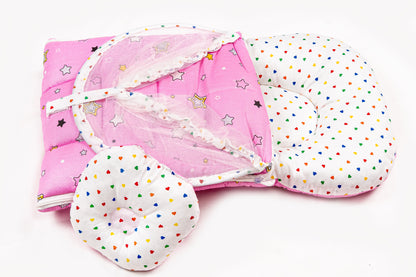 2pcs Baby Bedding Set with Mosquito Net – Pink with colorful hearts & stars