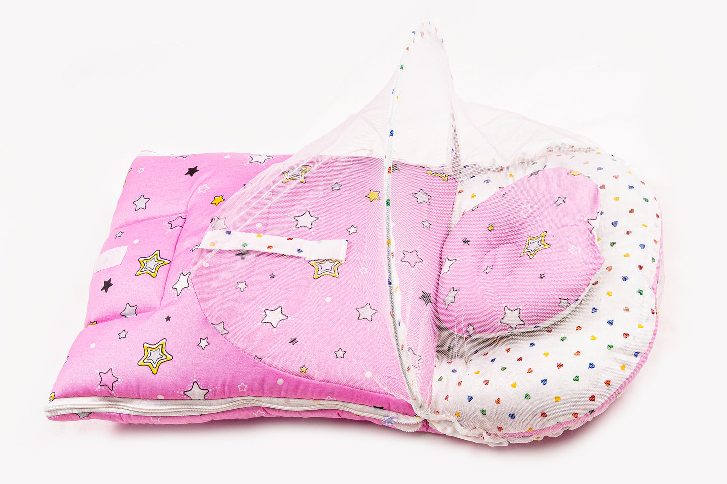 2pcs Baby Bedding Set with Mosquito Net – Pink with colorful hearts & stars
