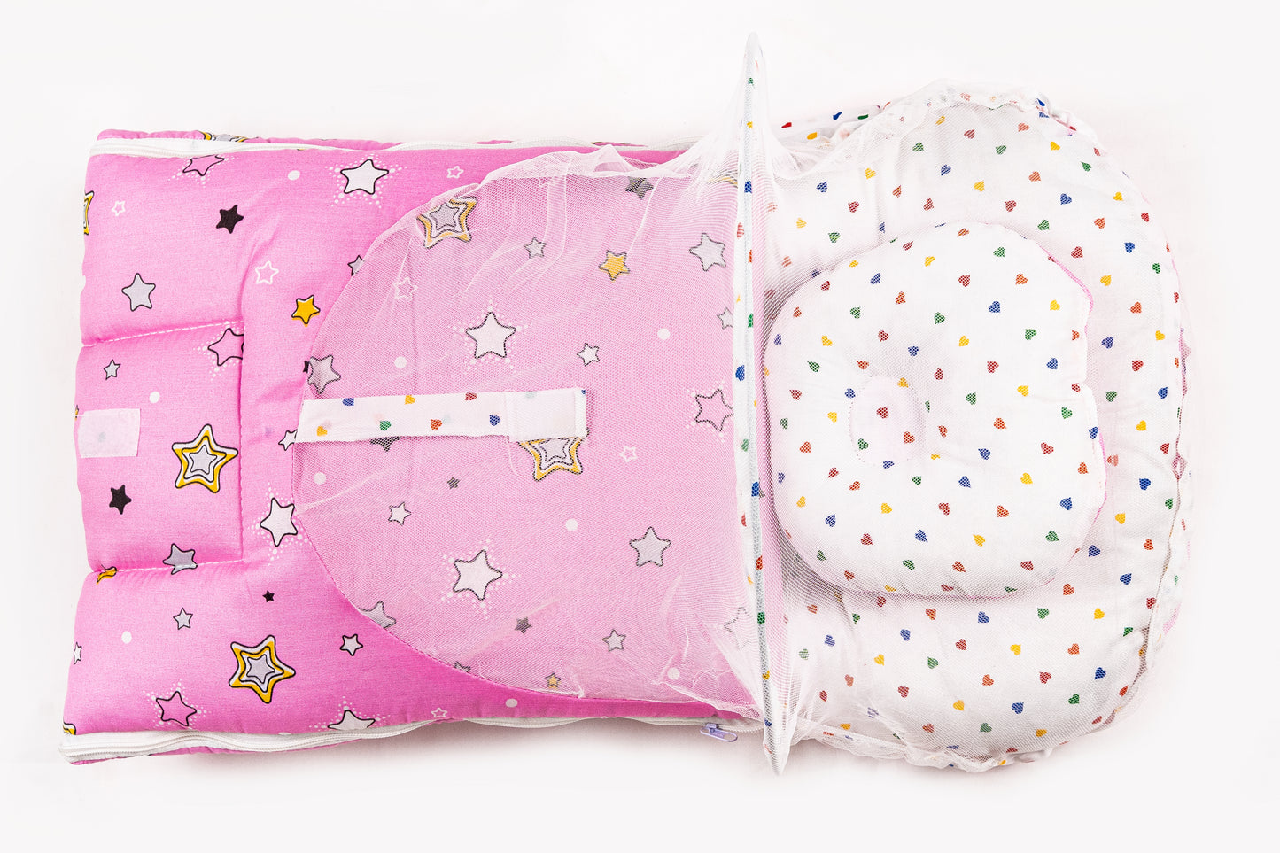 2pcs Baby Bedding Set with Mosquito Net – Pink with colorful hearts & stars