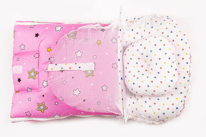 2pcs Baby Bedding Set with Mosquito Net – Pink with colorful hearts & stars