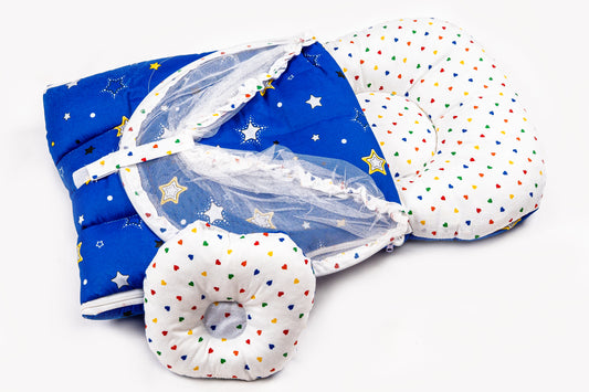 2pcs Baby Bedding Set with Mosquito Net – Navy Blue with colorful hearts & stars