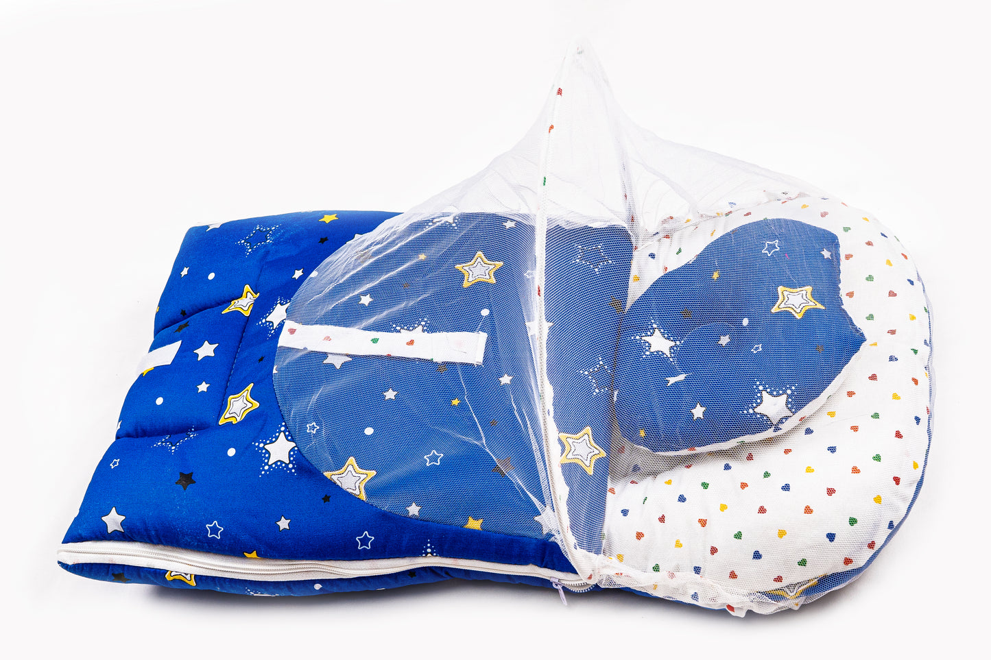 2pcs Baby Bedding Set with Mosquito Net – Navy Blue with colorful hearts & stars