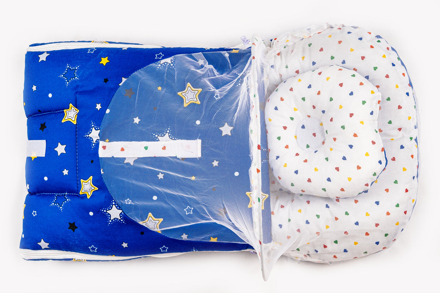 2pcs Baby Bedding Set with Mosquito Net – Navy Blue with colorful hearts & stars