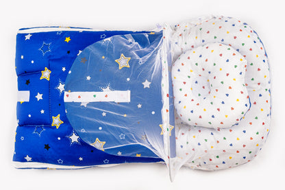 2pcs Baby Bedding Set with Mosquito Net – Navy Blue with colorful hearts & stars