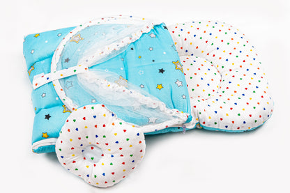 2pcs Baby Bedding Set with Mosquito Net – Light blue with colorful hearts & stars
