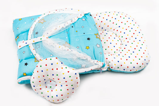 2pcs Baby Bedding Set with Mosquito Net – Light blue with colorful hearts & stars