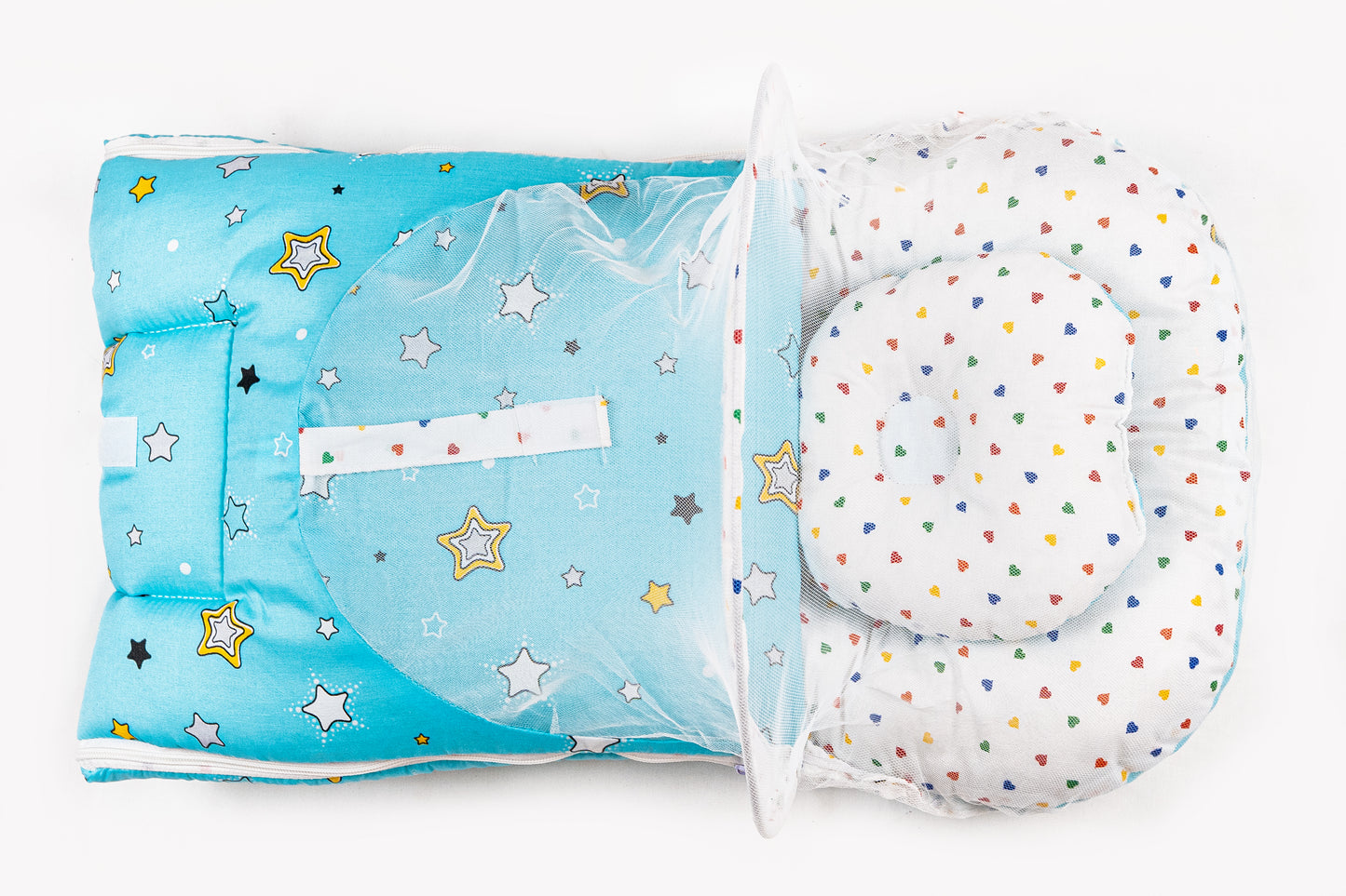 2pcs Baby Bedding Set with Mosquito Net – Light blue with colorful hearts & stars