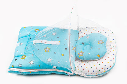 2pcs Baby Bedding Set with Mosquito Net – Light blue with colorful hearts & stars