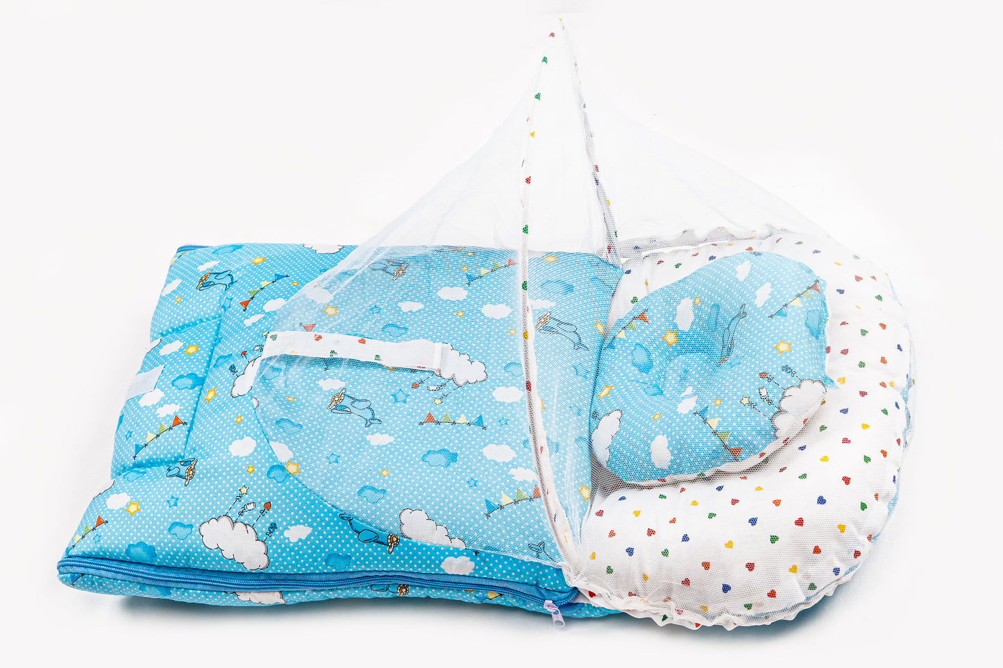 2pcs Baby Bedding Set with Mosquito Net – Bright Blue with colorful hearts & Cloud print