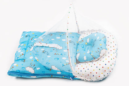 2pcs Baby Bedding Set with Mosquito Net – Bright Blue with colorful hearts & Cloud print
