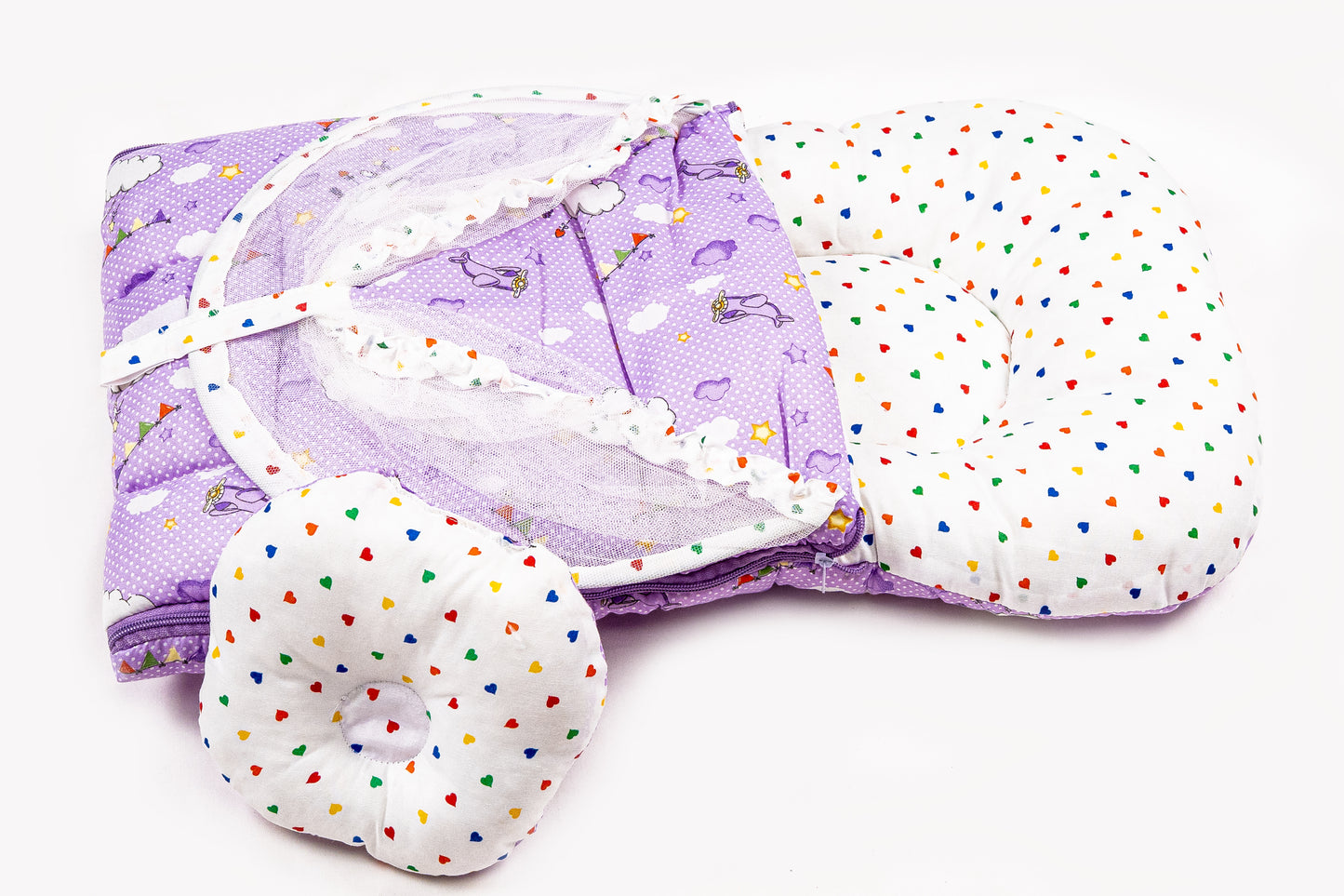 2pcs Baby Bedding Set with Mosquito Net – Light Purple with colorful hearts & Cloud print