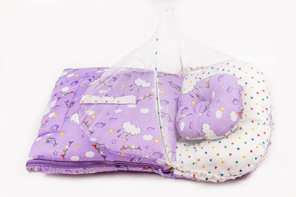 2pcs Baby Bedding Set with Mosquito Net – Light Purple with colorful hearts & Cloud print