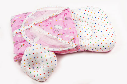 2pcs Baby Bedding Set with Mosquito Net – Light Pink with colorful hearts & Cloud print