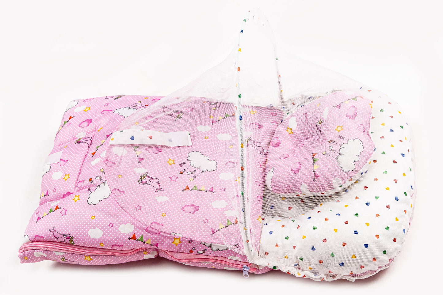 2pcs Baby Bedding Set with Mosquito Net – Light Pink with colorful hearts & Cloud print