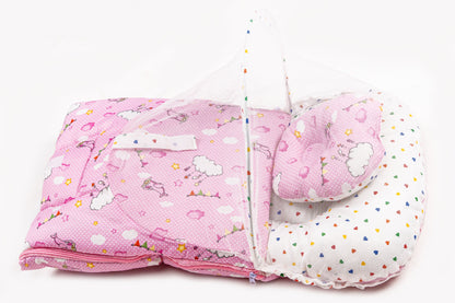 2pcs Baby Bedding Set with Mosquito Net – Light Pink with colorful hearts & Cloud print