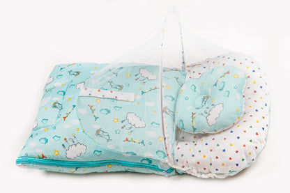 2pcs Baby Bedding Set with Mosquito Net – Pastel green with colorful hearts & Cloud print