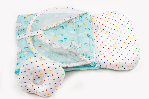 Matching baby head support pillow in green cloud print fabric