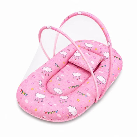 Baby mosquito net bed with matching pillow in soft pink cloud print