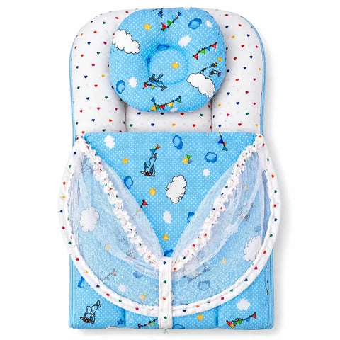 Matching baby head support pillow in sky blue cloud print fabric