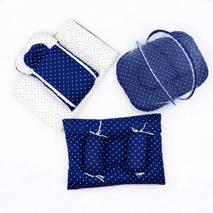 8-Piece Baby Carry Nest Set with Mosquito Net – Polka Dot - Dark Blue
