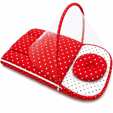 ip up mosquito mesh net on red polka dot print baby carry nest