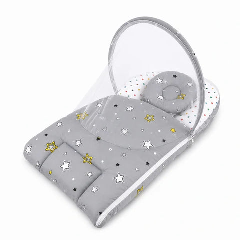 2 in 1 baby carry nest with mosquito net in grey star print